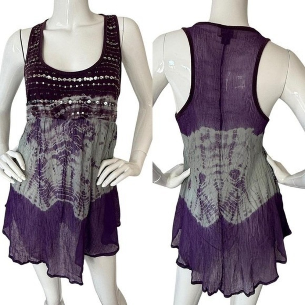 Boho Purple Beaded Sequin Flowy Tie Dye Top XL - Picture 3 of 9